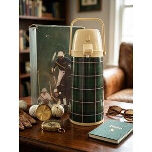 Vintage Polo Ralph Lauren Thermos - Hunter Green & Blush Pink Plaid - 1qt Airpot